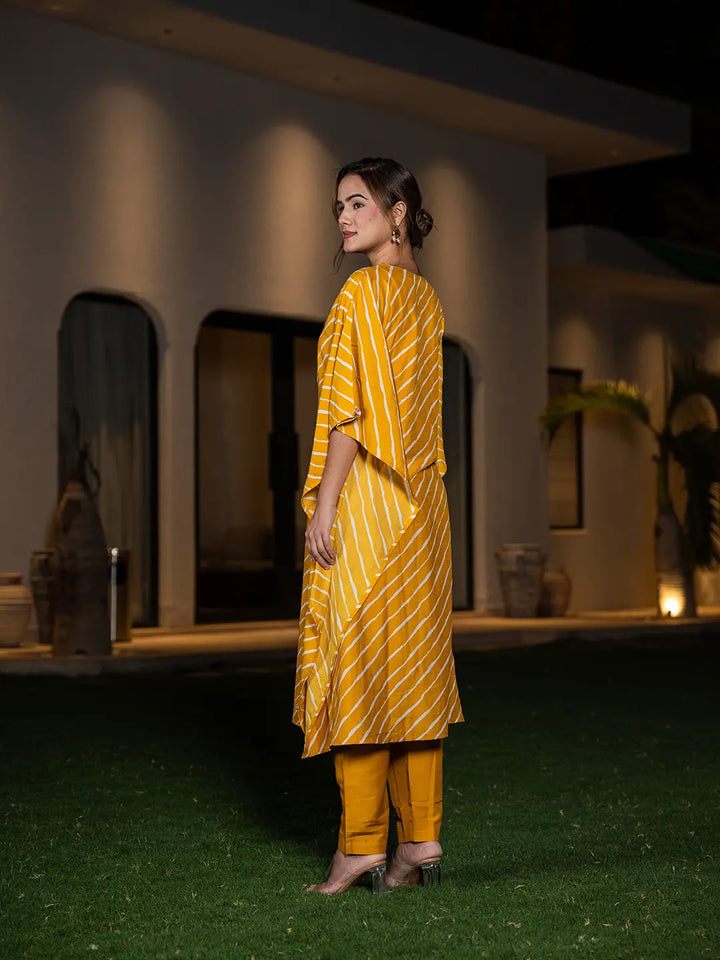 Mustard Leheriya Embroidered Kaftan Kurta Set-Yufta Store-6899SETMSS