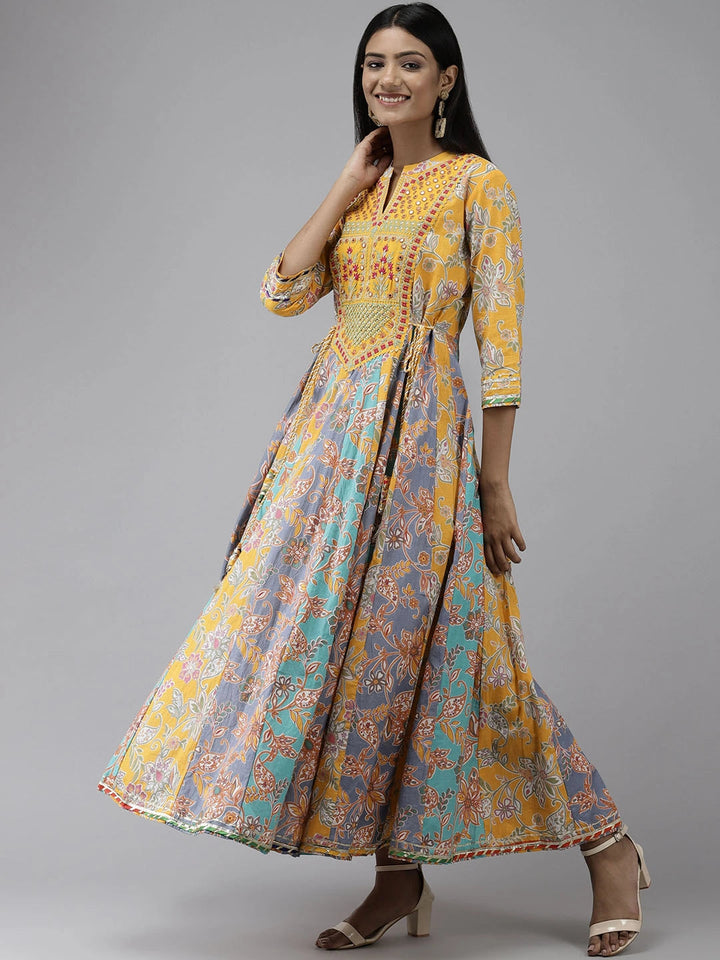 Mustard-Multi Embroidered Dress-Yufta Store-9653DRSMSS