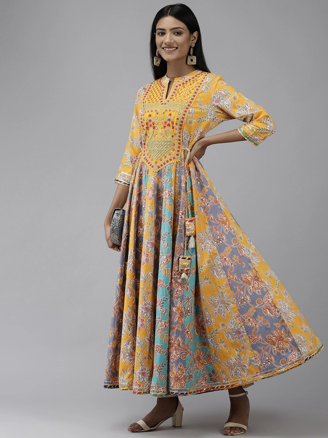 Mustard-Multi Embroidered Dress-Yufta Store-9653DRSMSS