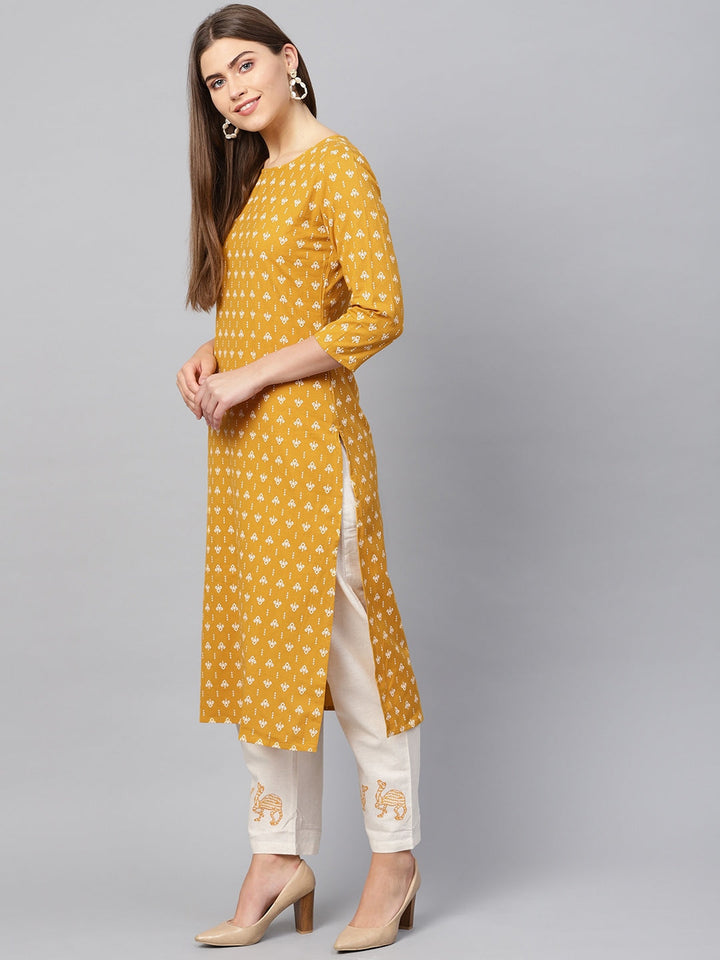 Mustard & Off-White Printed Kurta-Yufta Store-801SETMSS