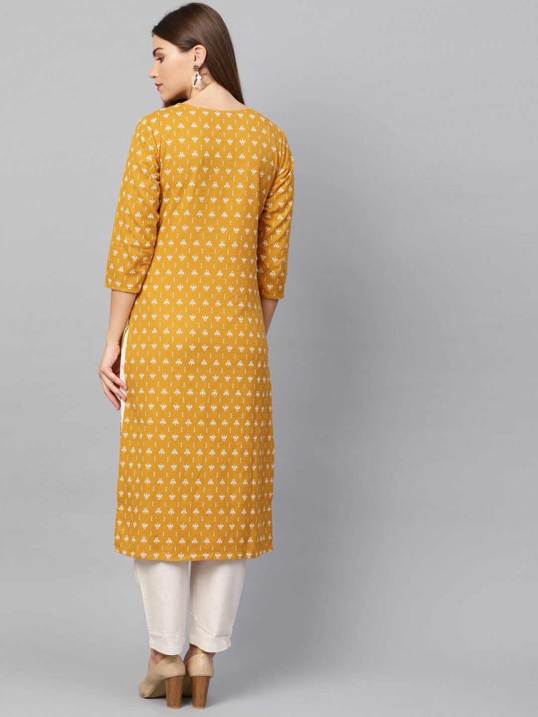 Mustard & Off-White Printed Kurta-Yufta Store-801SETMSS