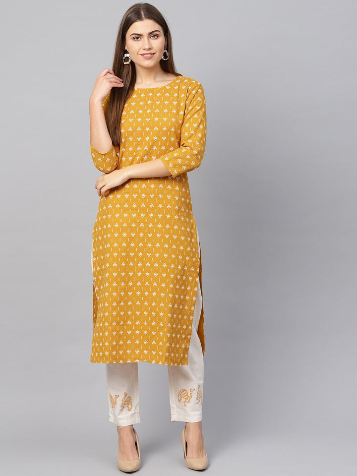 Mustard & Off-White Printed Kurta-Yufta Store-801SETMSS