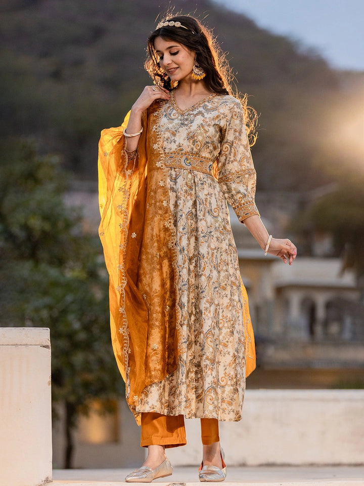 Mustard Paisley Puff Sleeves Anarkali Kurta Trouser And Dupatta Set-Yufta Store-1688SKDMSS