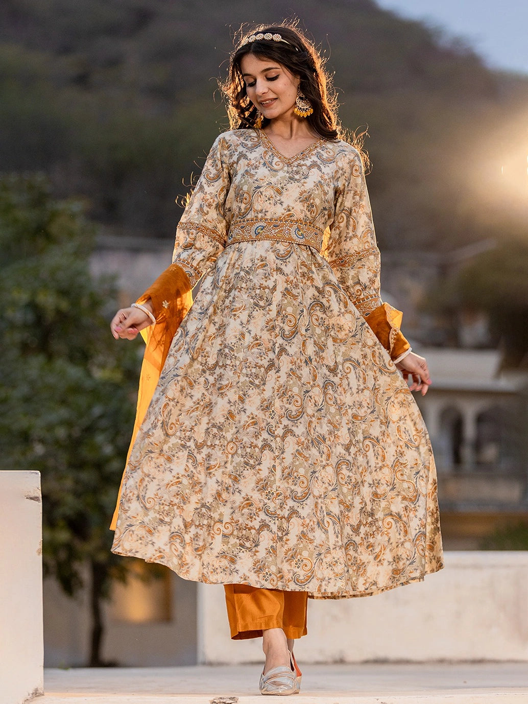 Mustard Paisley Puff Sleeves Anarkali Kurta Trouser And Dupatta Set-Yufta Store-1688SKDMSS