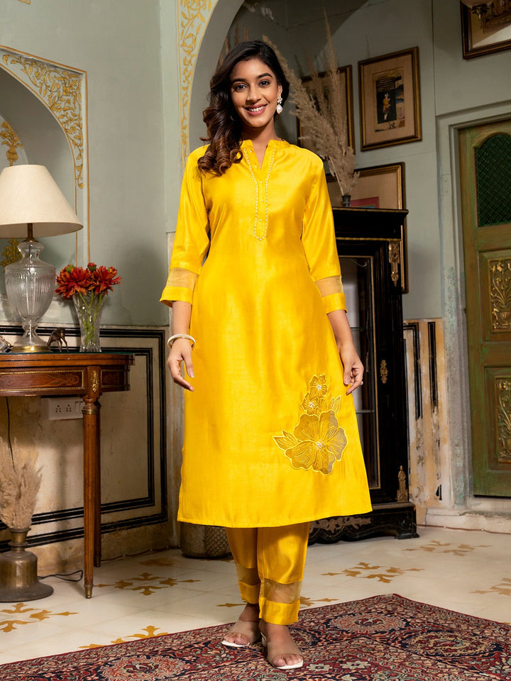 Mustard Patch_Work Kurta Trouser with Dupatta Set-Yufta Store-1648SKDMSM