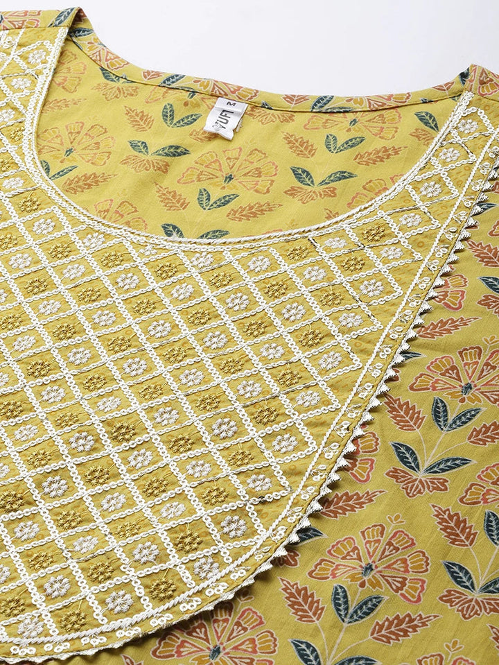 Mustard Printed Cotton Dupatta Set-Yufta Store-2511SKDMSM