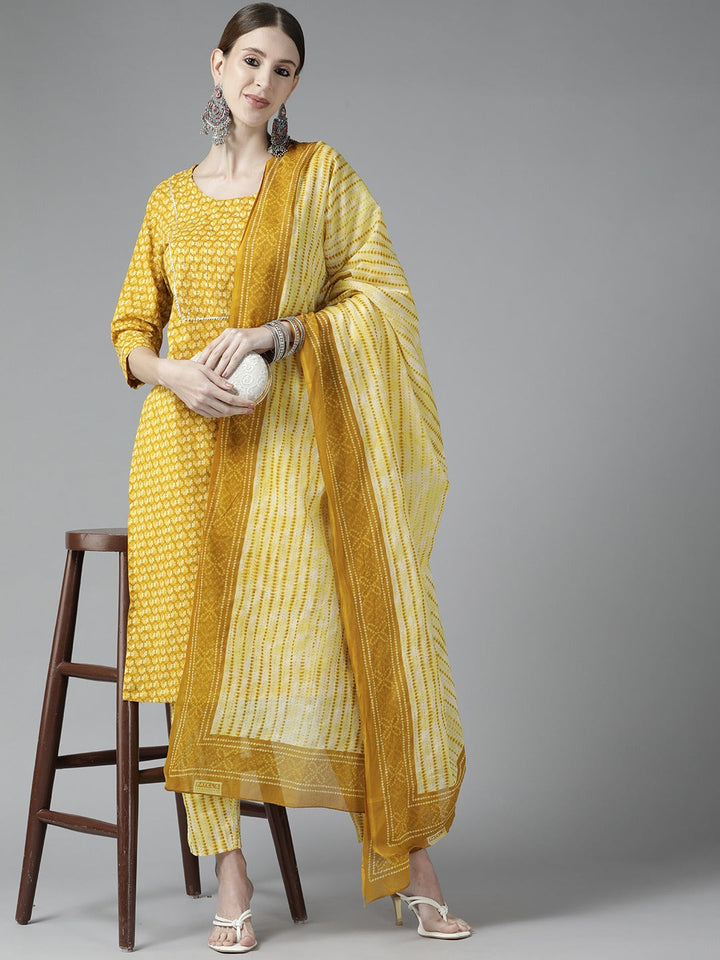 Mustard Printed Cotton Dupatta Set-Yufta Store-4777SKDMSM