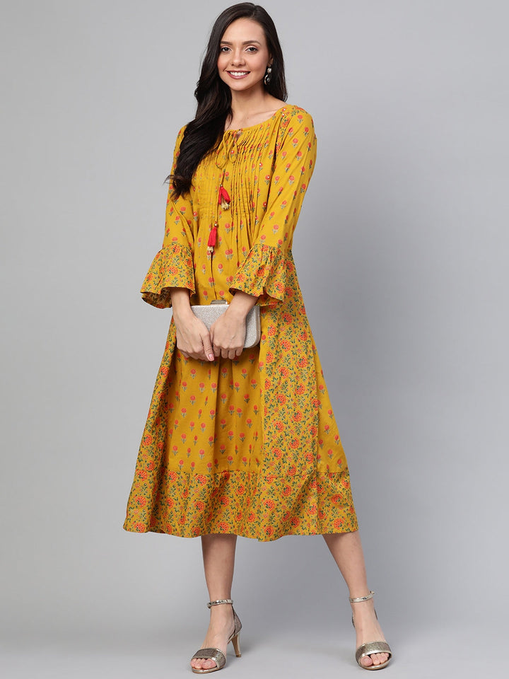 Mustard Printed Dress-Yufta Store-7418KURMSS