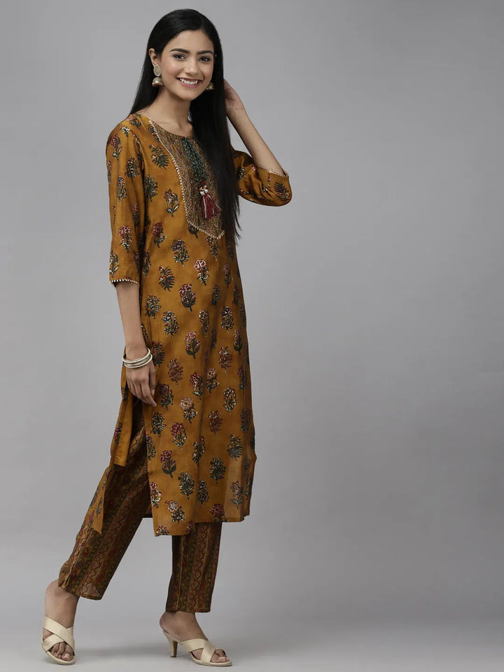 Mustard Printed Dupatta Set-Yufta Store-2341SKDMSM