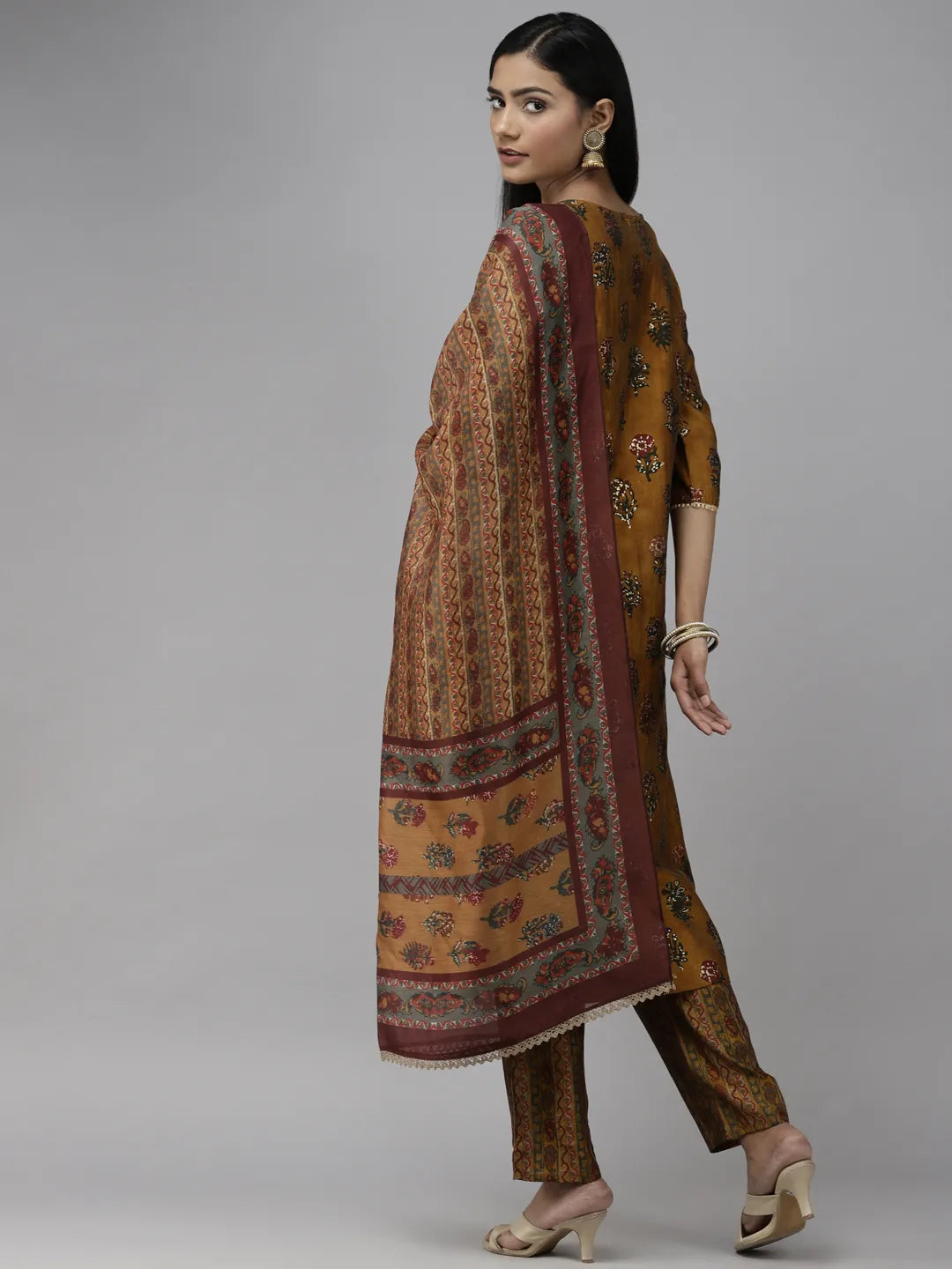 Mustard Printed Dupatta Set-Yufta Store-2341SKDMSM