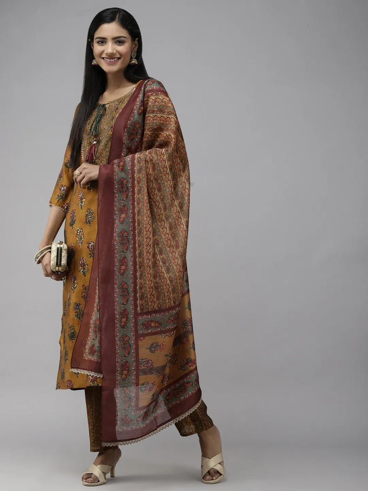 Mustard Printed Dupatta Set-Yufta Store-2341SKDMSM