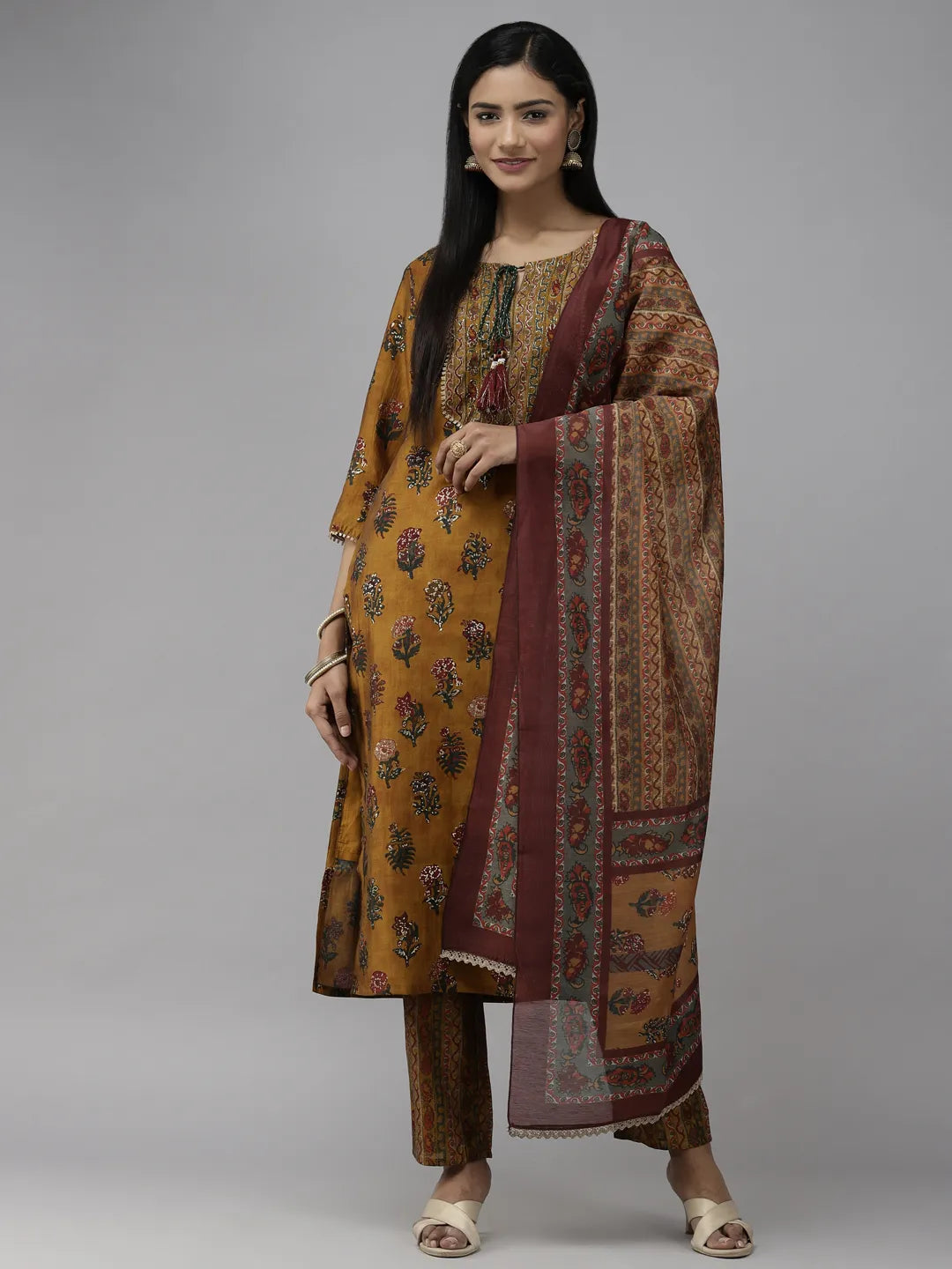 Mustard Printed Dupatta Set-Yufta Store-2341SKDMSM