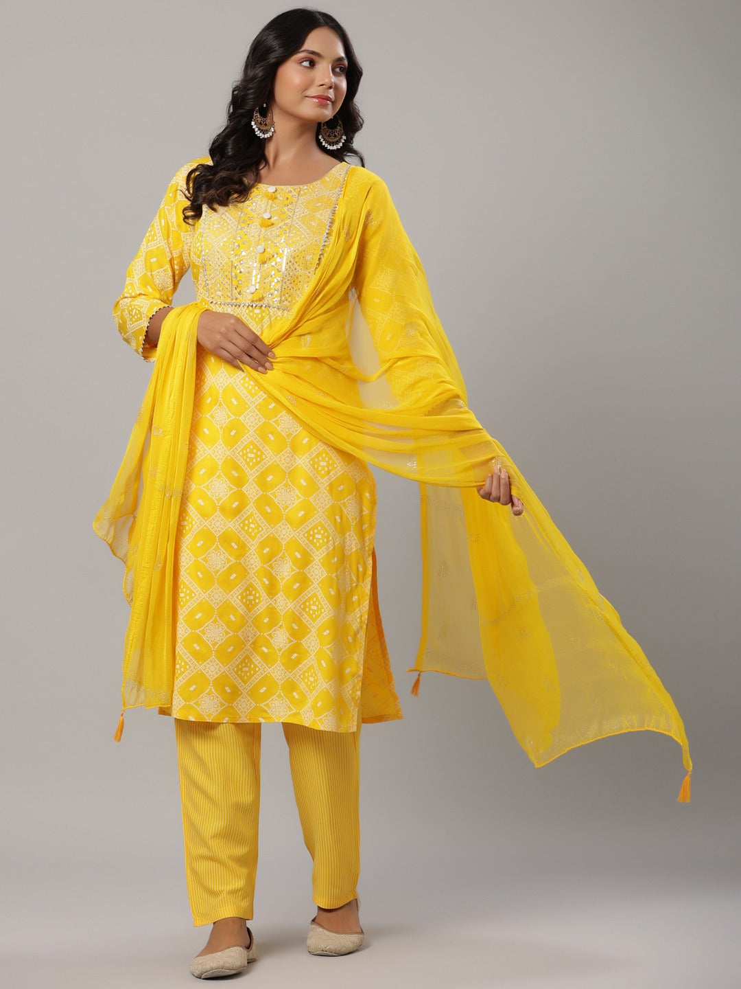 Mustard Printed Dupatta Set-Yufta Store-6501SKDMSM