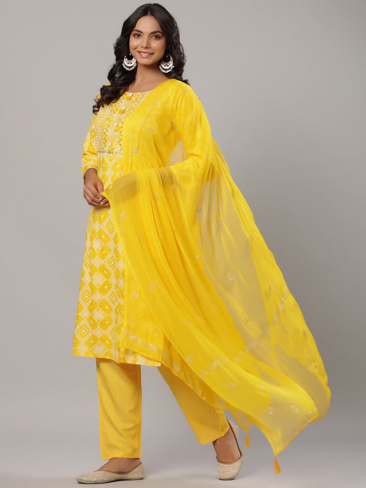 Mustard Printed Dupatta Set-Yufta Store-6501SKDMSM