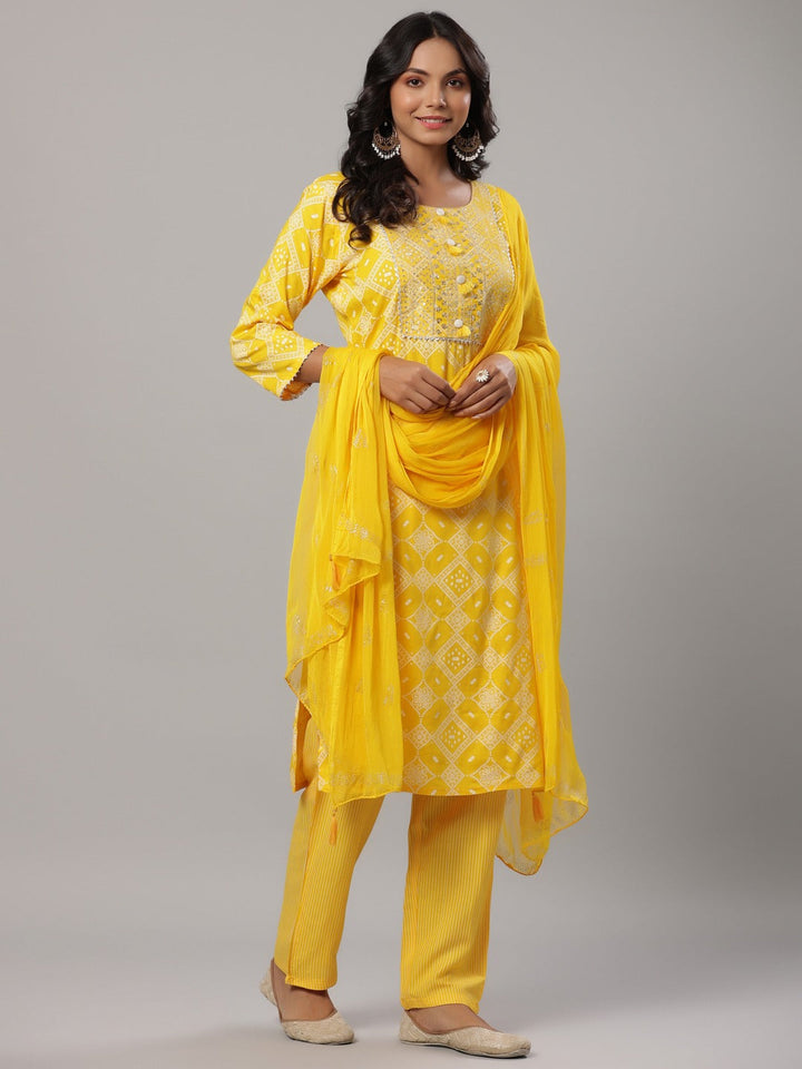 Mustard Printed Dupatta Set-Yufta Store-6501SKDMSM