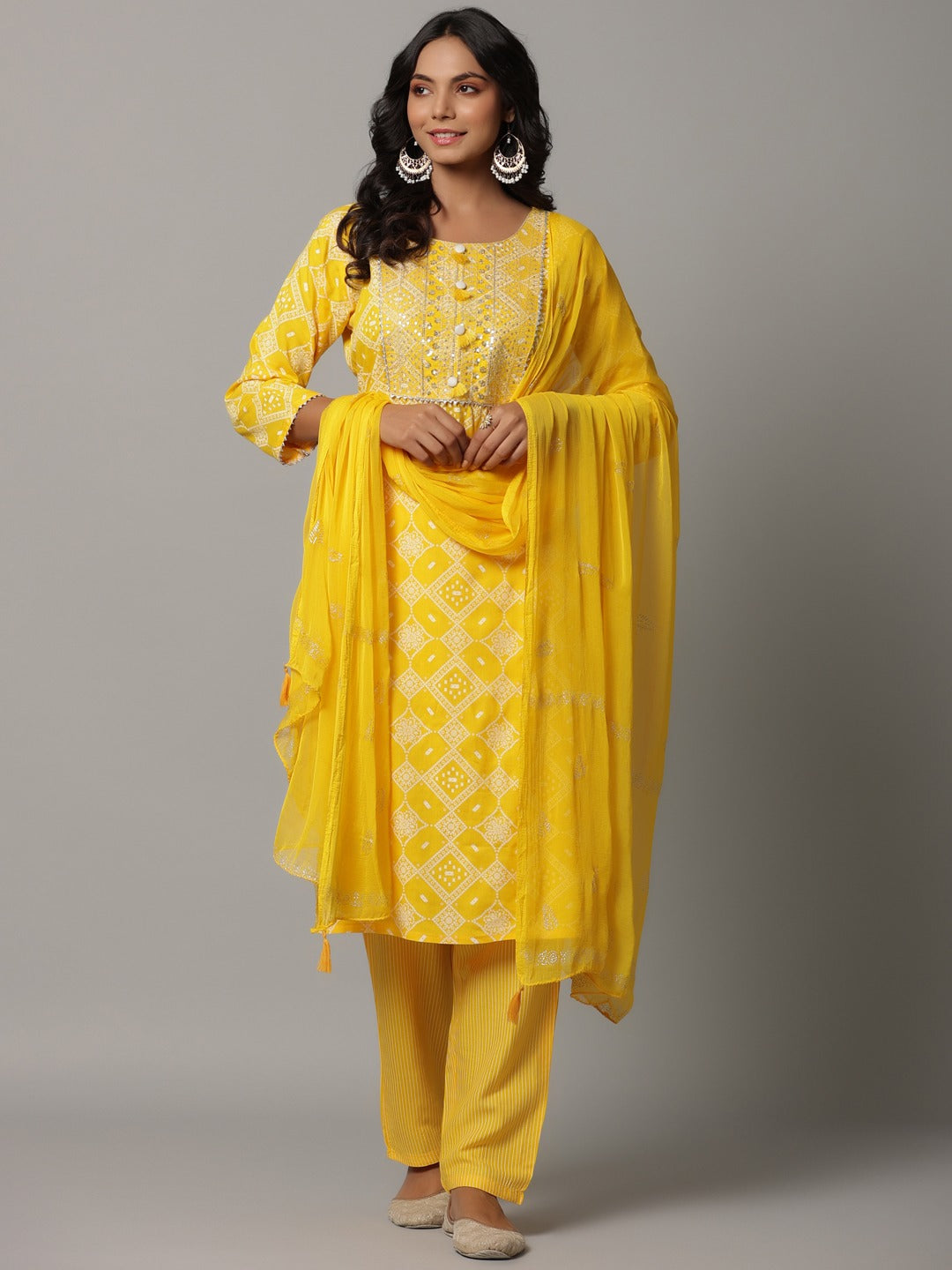 Mustard Printed Dupatta Set-Yufta Store-6501SKDMSM