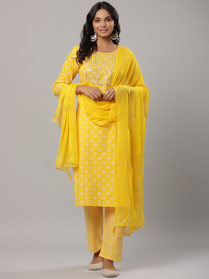 Mustard Printed Dupatta Set-Yufta Store-6505SKDMSS