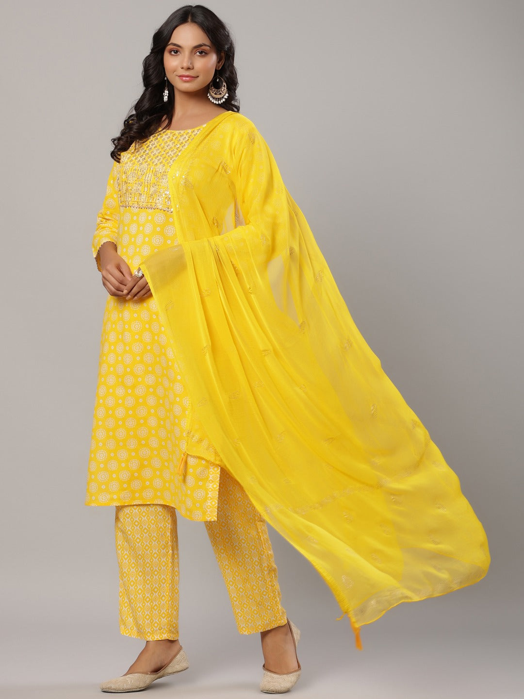 Mustard Printed Dupatta Set-Yufta Store-6505SKDMSS