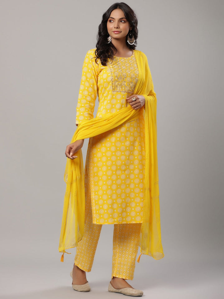 Mustard Printed Dupatta Set-Yufta Store-6505SKDMSS