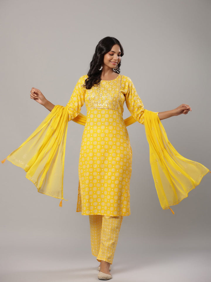 Mustard Printed Dupatta Set-Yufta Store-6505SKDMSS