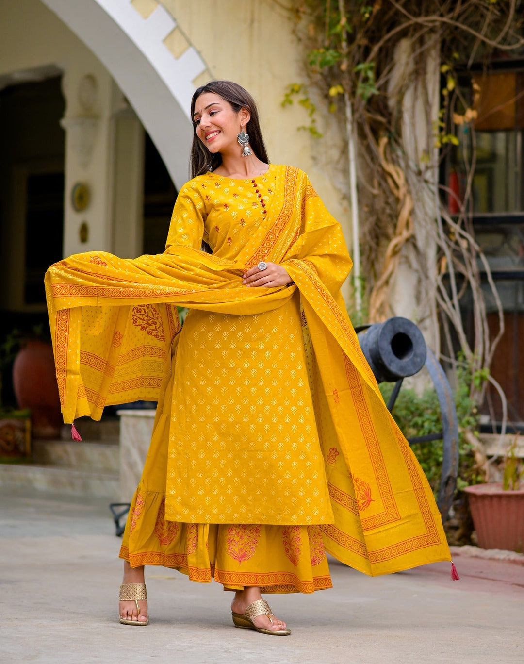 Mustard Printed Dupatta Set-Yufta Store-7646SETMSTS