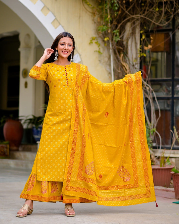 Mustard Printed Dupatta Set-Yufta Store-7646SETMSTS