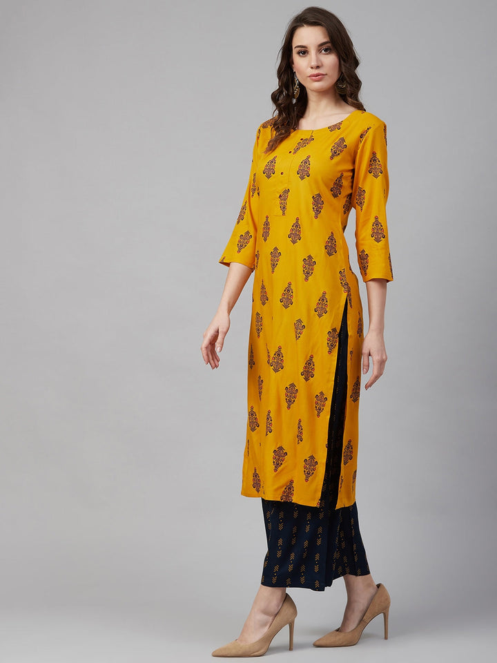 Mustard Printed Kurta Set-Yufta Store-7451SETMSS