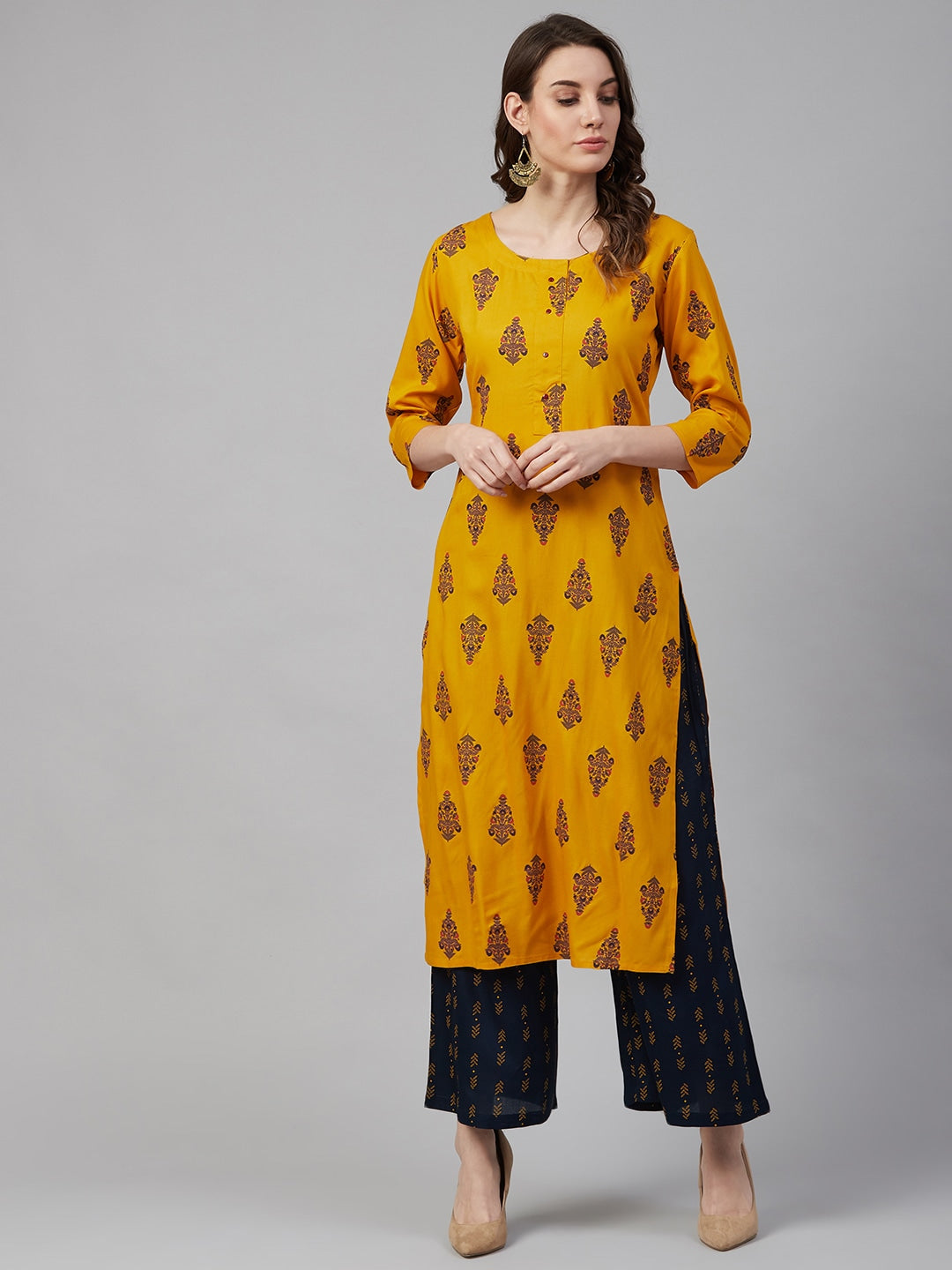 Mustard Printed Kurta Set-Yufta Store-7451SETMSS