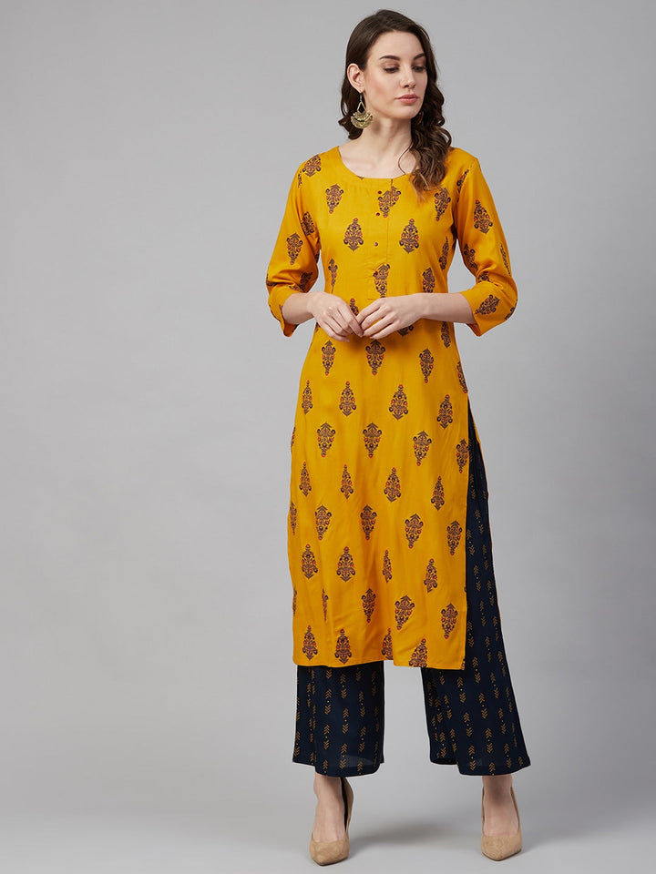 Mustard Printed Kurta Set-Yufta Store-7451SETMSS