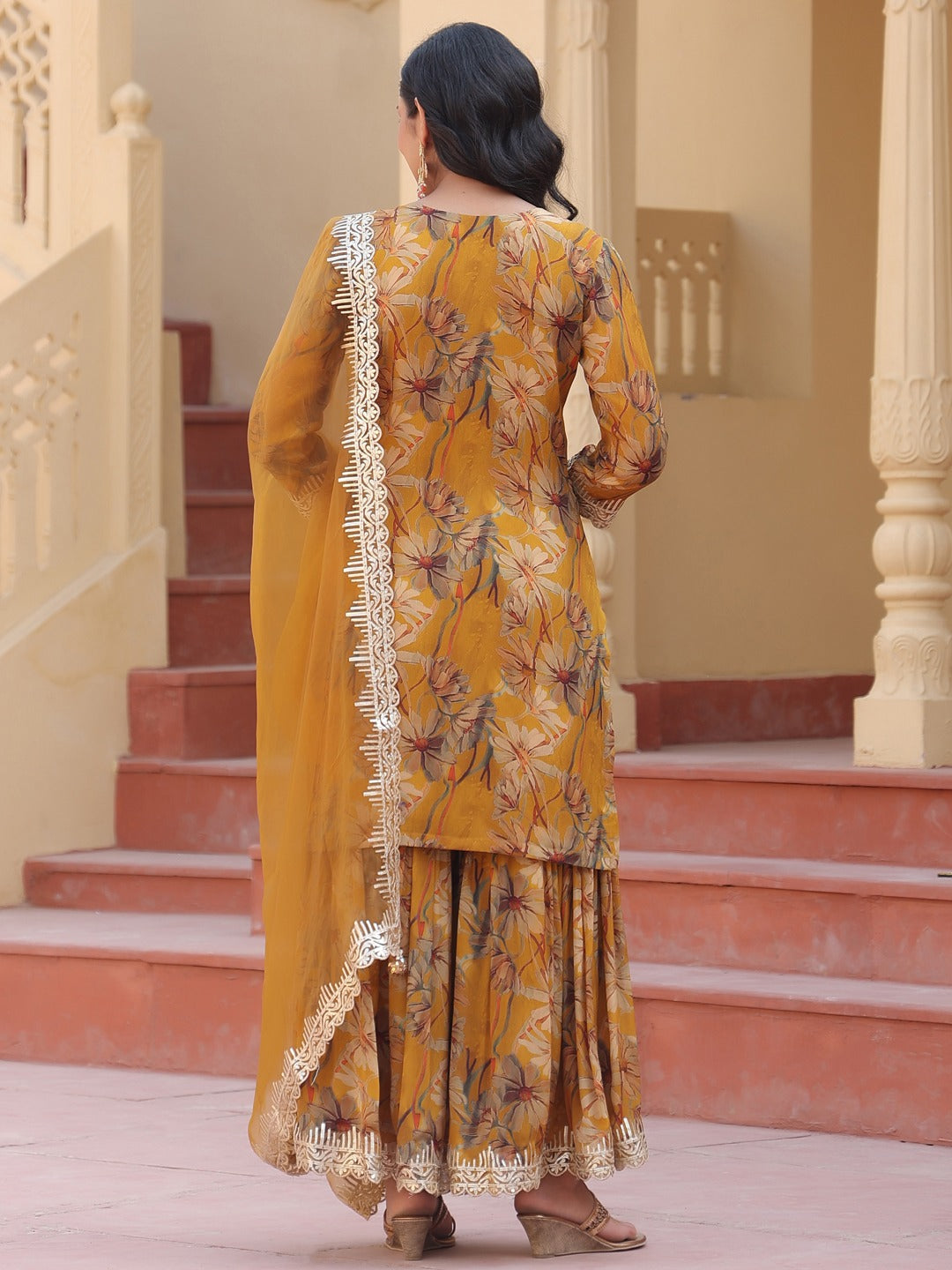 Mustard Pure Chinon Kurta Dupatta Set-Yufta Store-1897SKDMSM