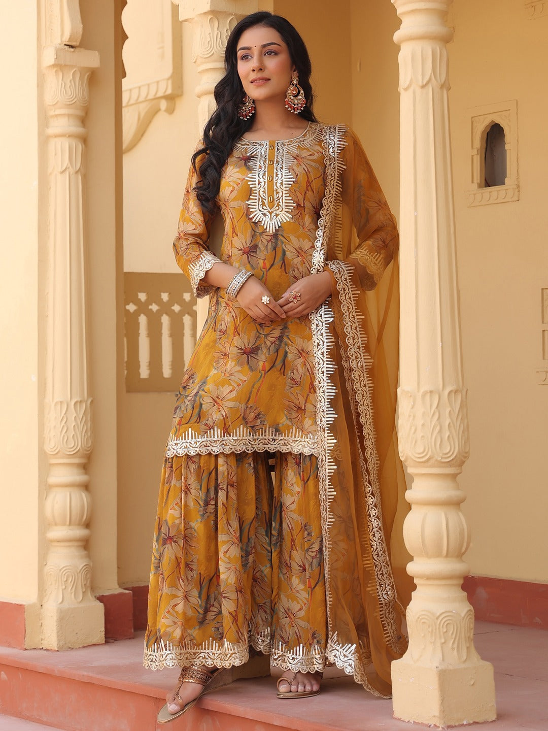 Mustard Pure Chinon Kurta Dupatta Set