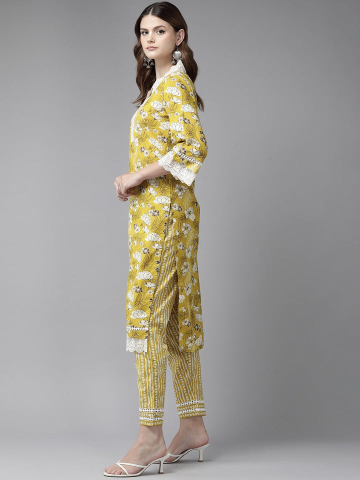 Mustard Pure Cotton kurta set with embroidery Kurta Trouser Set