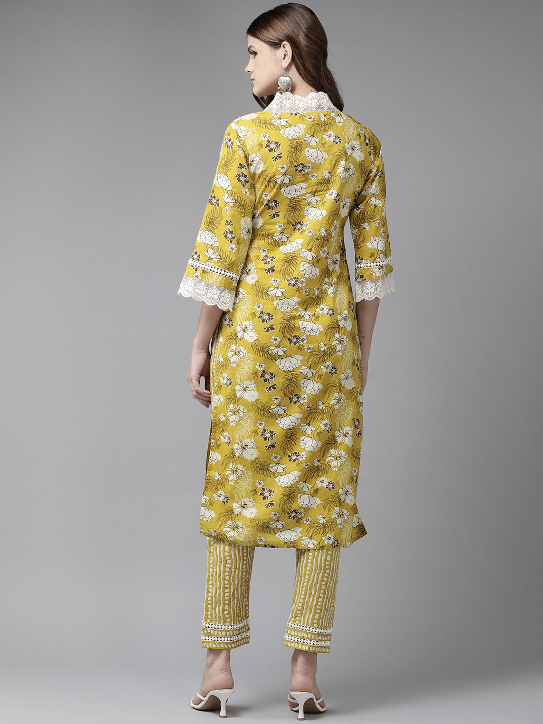 Mustard Pure Cotton kurta set with embroidery Kurta Trouser Set-Yufta Store-1793SETMSS