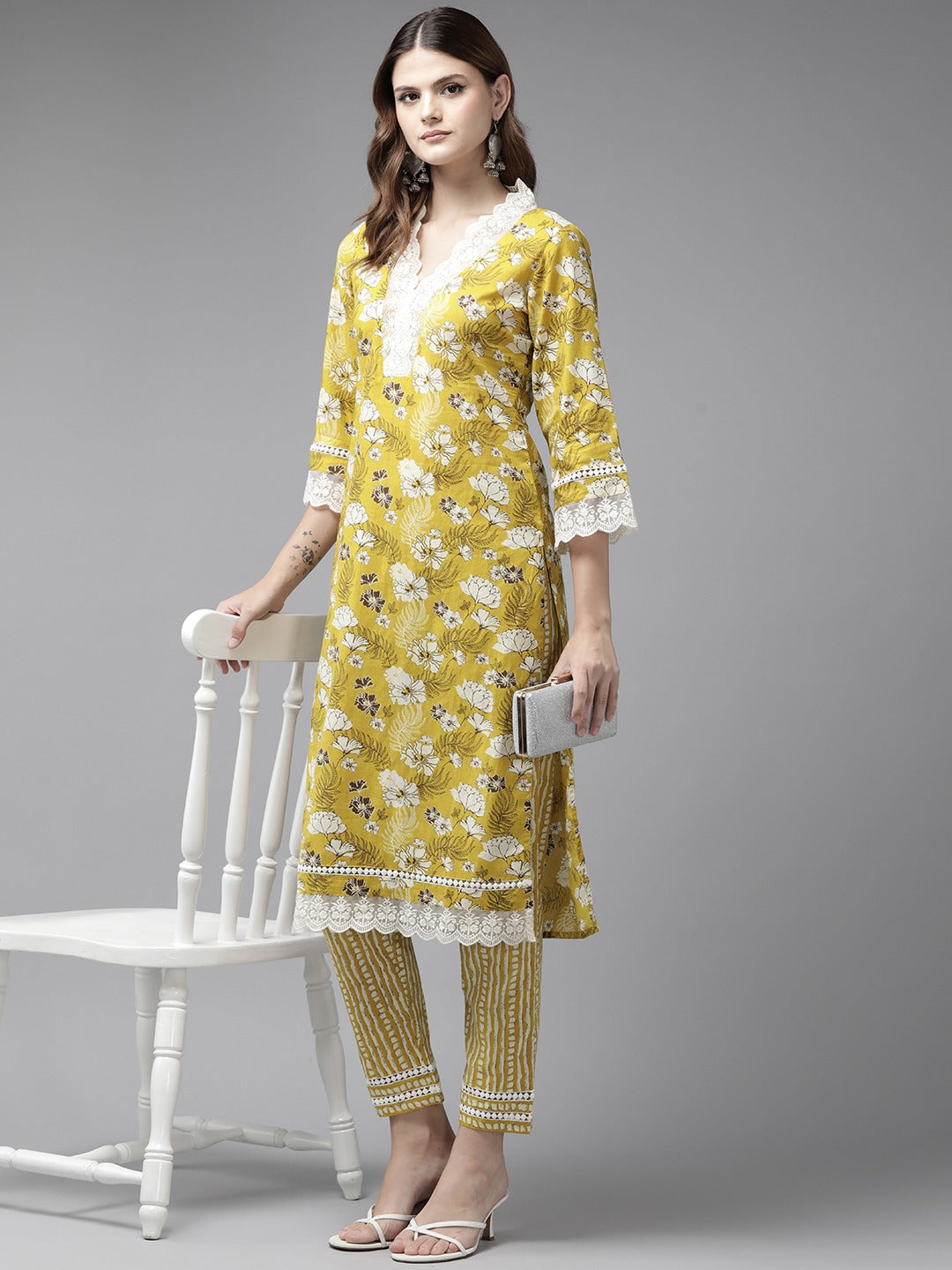 Mustard Pure Cotton kurta set with embroidery Kurta Trouser Set