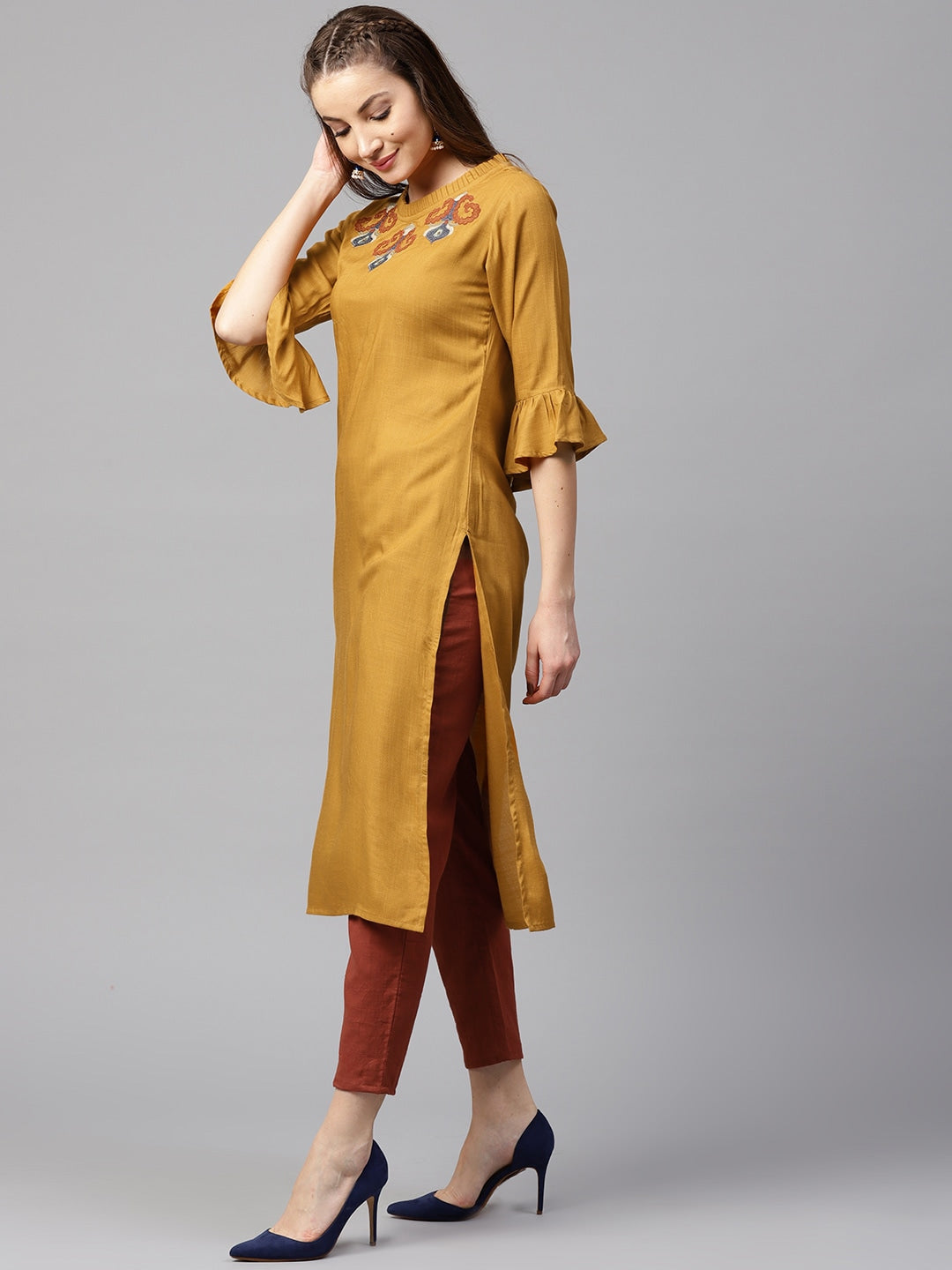 Mustard & Red Solid Kurta Set-Yufta Store-DBNWSET1609MSTS