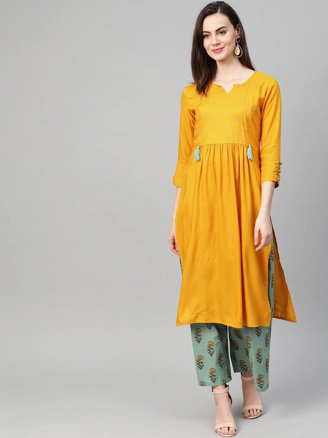 Mustard Straight Kurta Set-Yufta Store-7242SETYLS