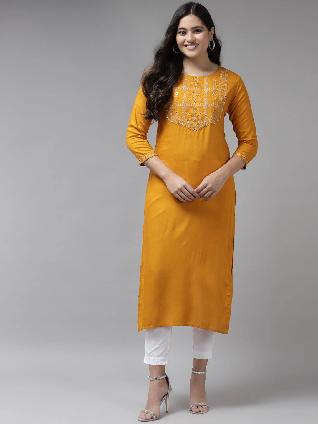 Mustard Thread Work Kurta-Yufta Store-6214KURMSS