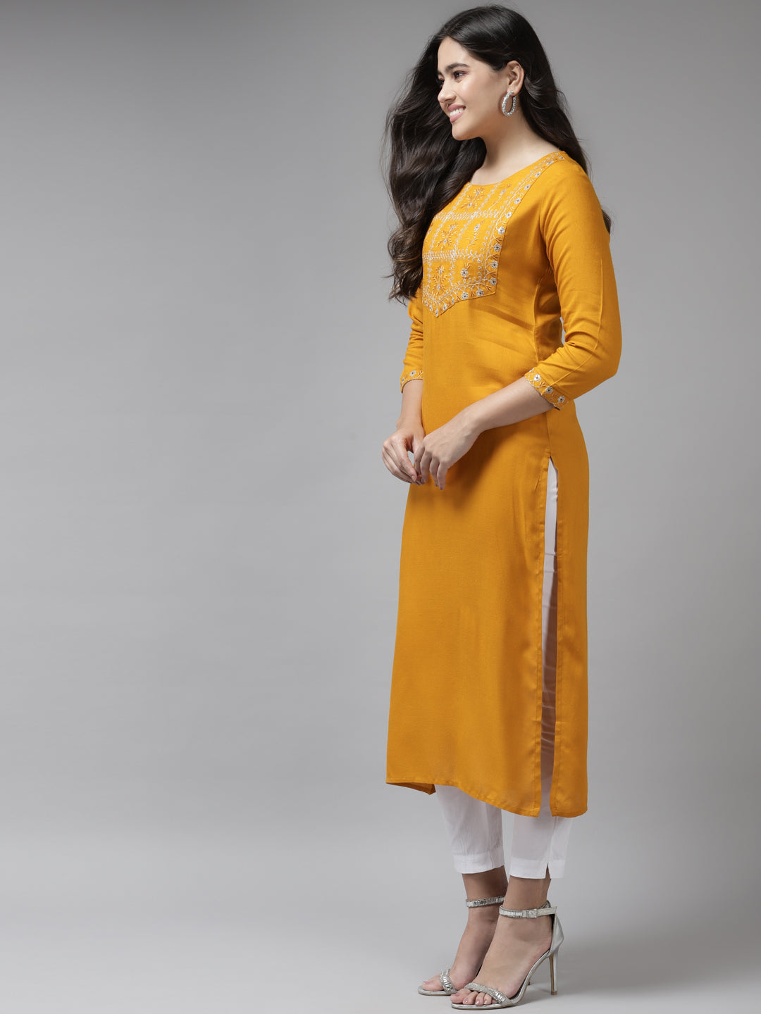 Mustard Thread Work Kurta-Yufta Store-6214KURMSS