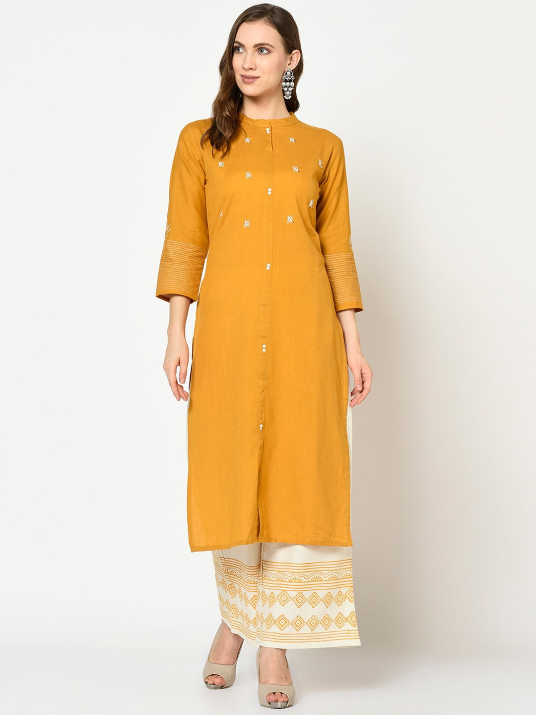 Mustard & White Straight Kurta Set-Yufta Store-7319SETMSM