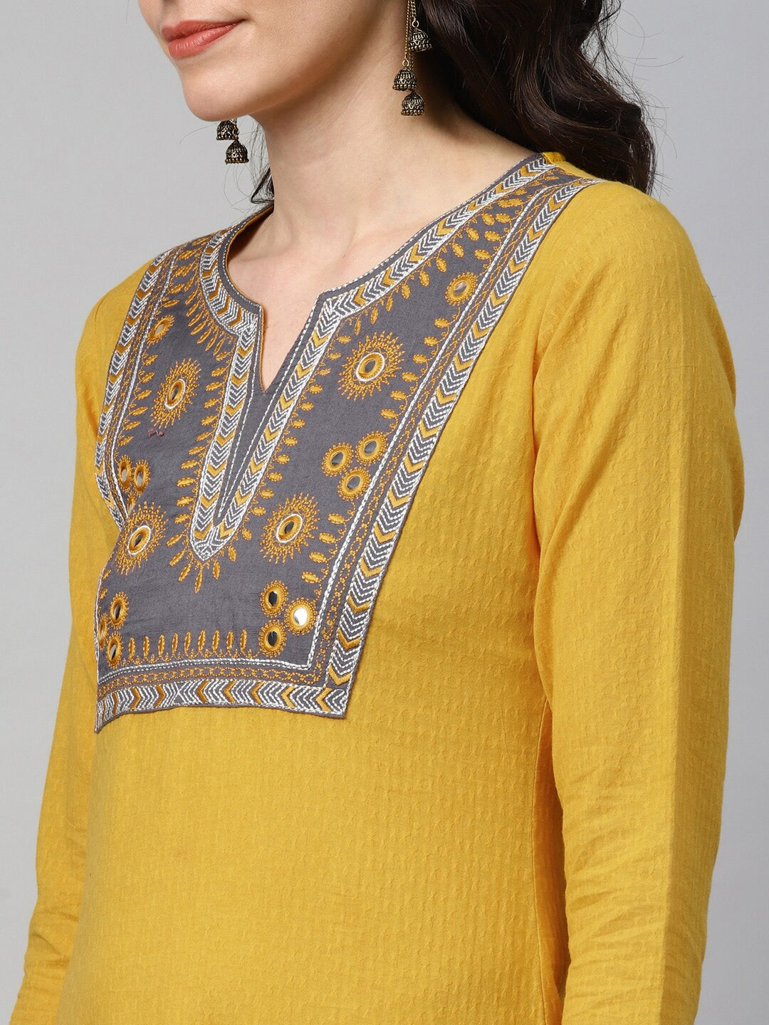 Mustard Yellow Embroidered Kurta Set-Yufta Store-7562SETYLS