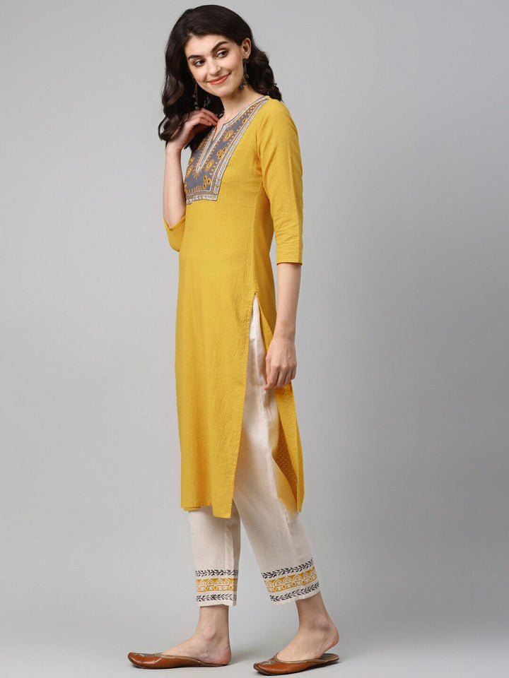 Mustard Yellow Embroidered Kurta Set-Yufta Store-7562SETYLS