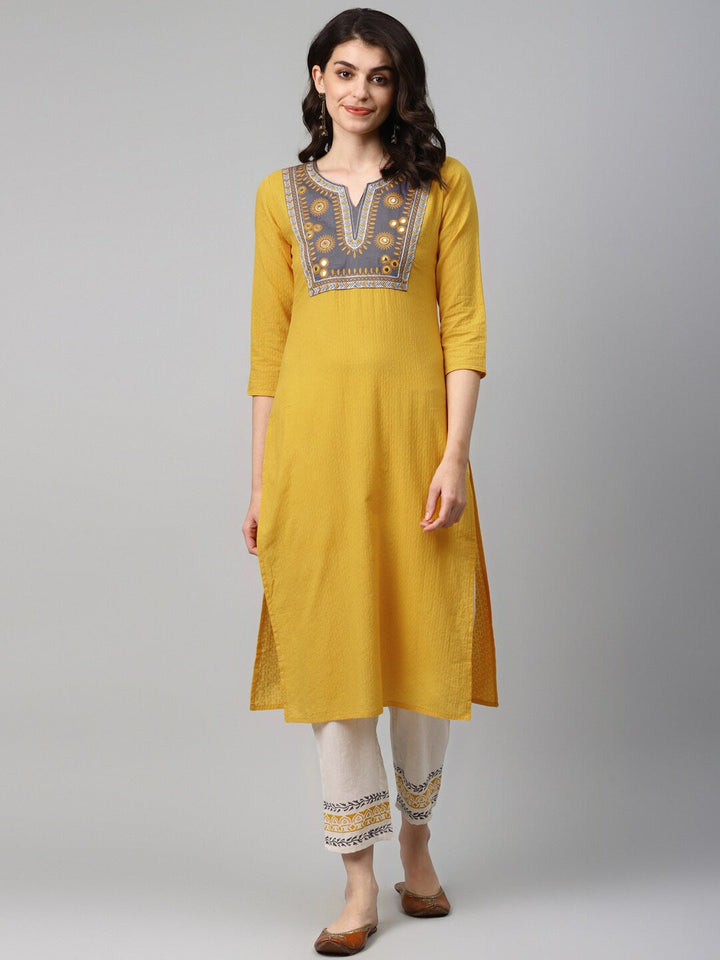 Mustard Yellow Embroidered Kurta Set-Yufta Store-7562SETYLS