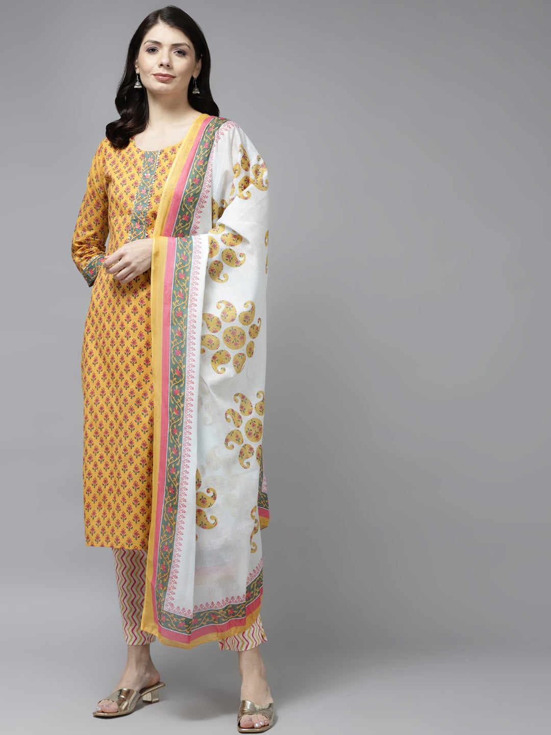 Mustard Yellow Ethnic Motifs Printed Dupatta Set-Yufta Store-9793SKDMSS