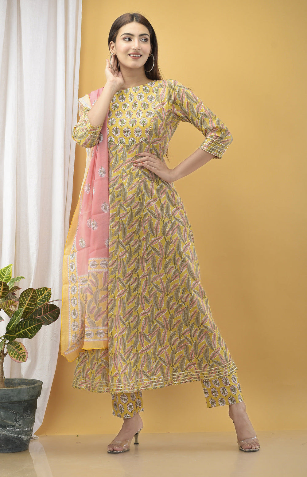 Mustard Yellow Handblock Dupatta Set-Yufta Store-2339SKDYLM