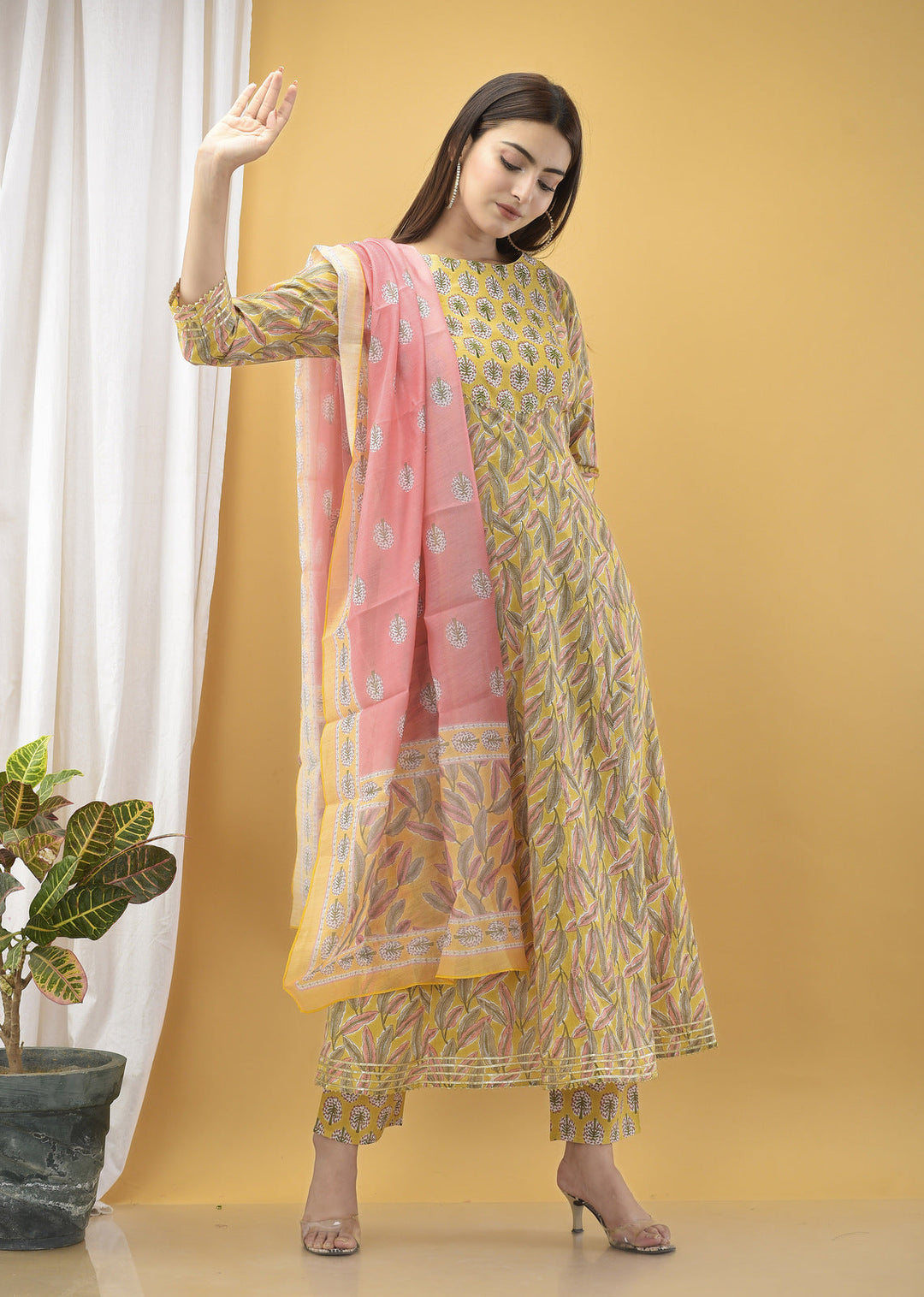 Mustard Yellow Handblock Dupatta Set-Yufta Store-2339SKDYLM