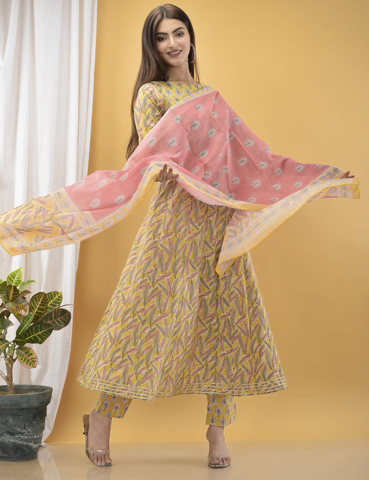 Mustard Yellow Handblock Dupatta Set-Yufta Store-2339SKDYLM