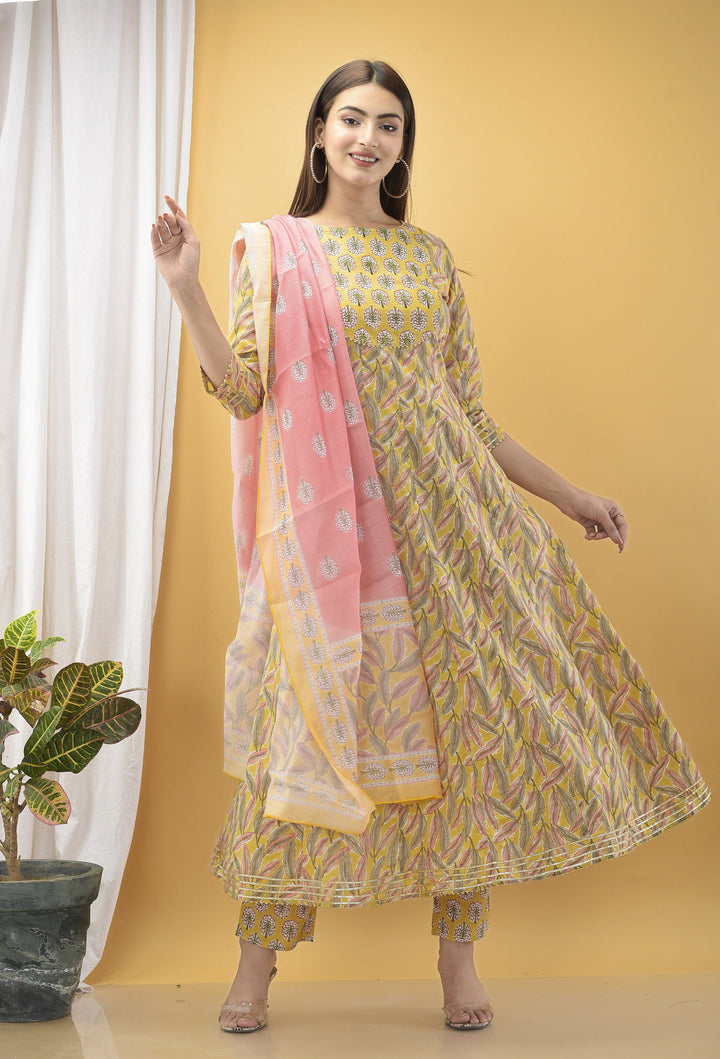 Mustard Yellow Handblock Dupatta Set-Yufta Store-2339SKDYLM