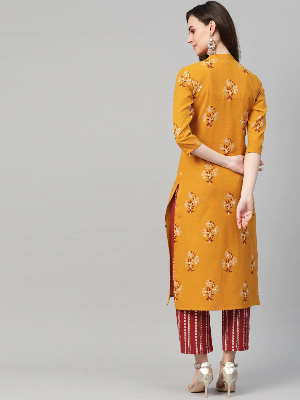 Mustard Yellow & Maroon Printed Kurta Set-Yufta Store-7415SETMSS