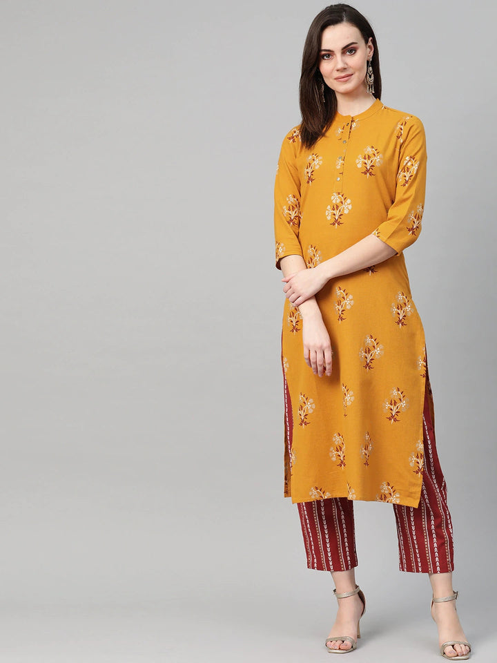 Mustard Yellow & Maroon Printed Kurta Set-Yufta Store-7415SETMSS