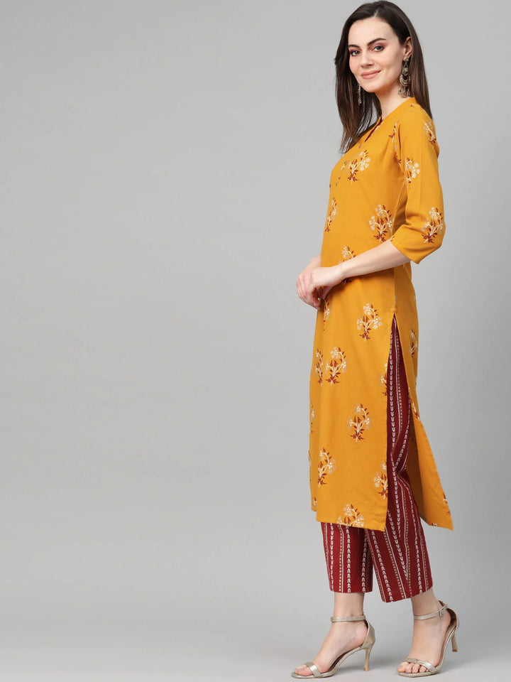 Mustard Yellow & Maroon Printed Kurta Set-Yufta Store-7415SETMSS